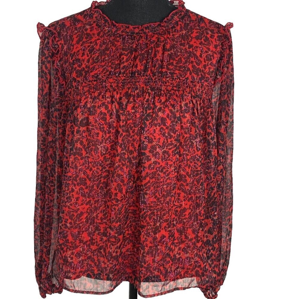 SANCTUARY Women Blouse Long Balloon Sleeve Sheer Overlay Sz‎ XS Red Office 19-9